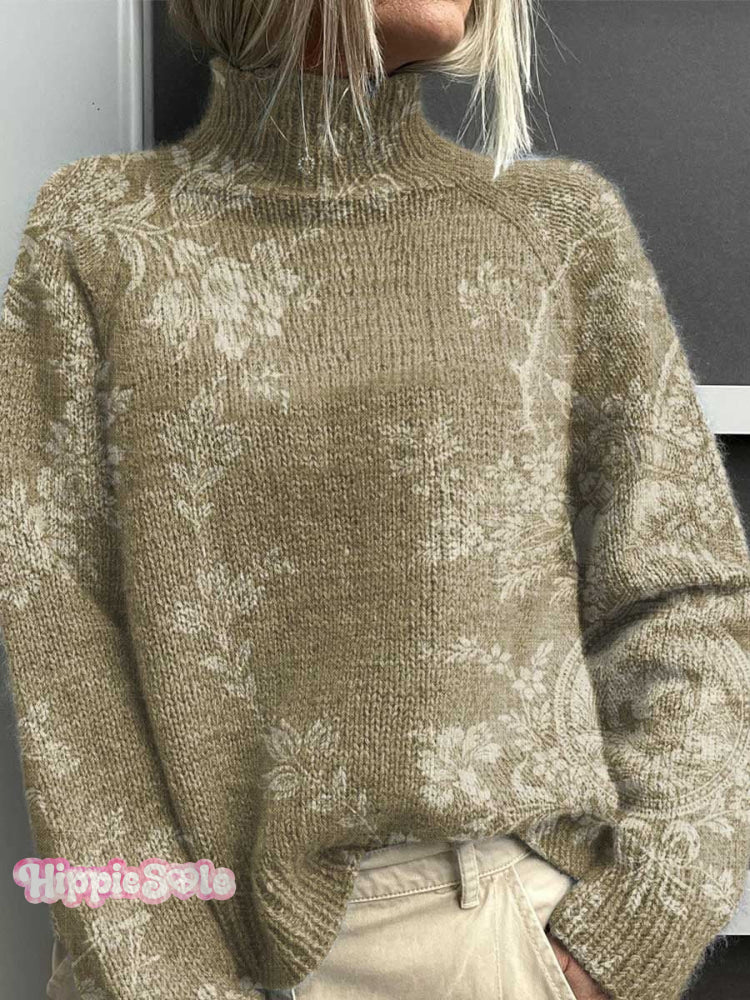 Retro Floral Pattern Print Knit Turtleneck Pullover Sweater Multicolor / S