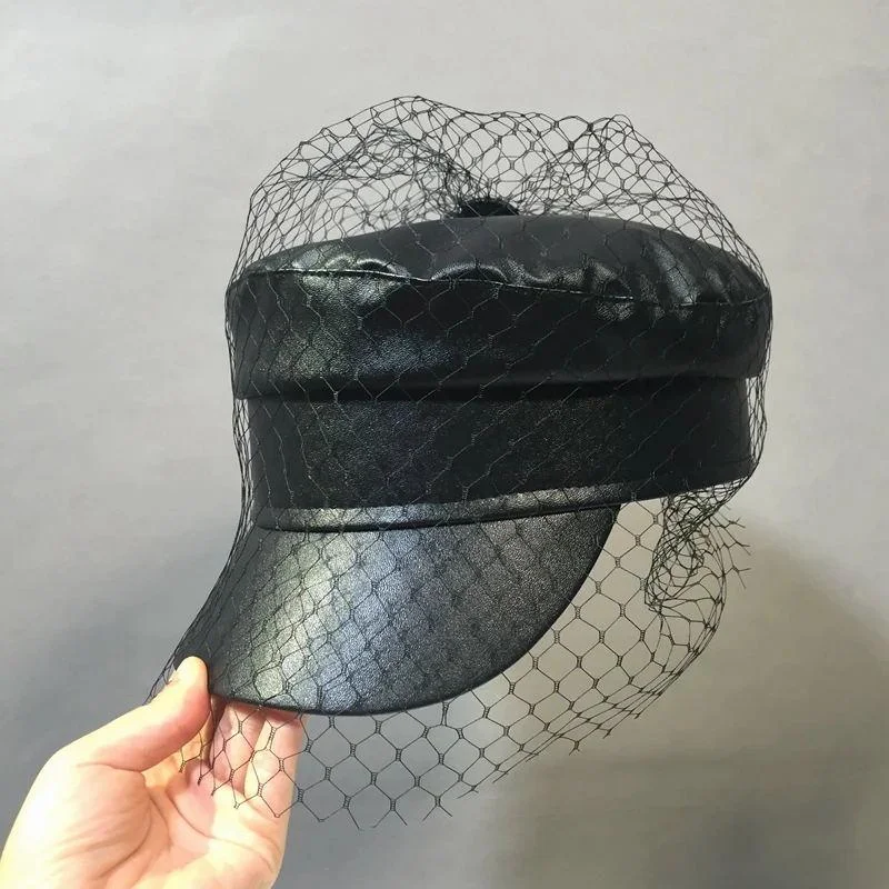Faux Leather Newsboy Hat with Veil Mesh
