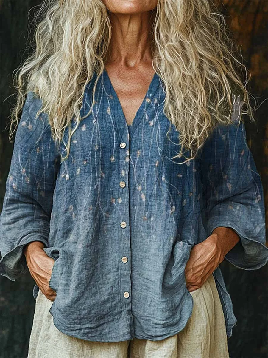 Women's Boho Flowers and Plants Art Print Linen And Cotton V-neck Casual Shirt