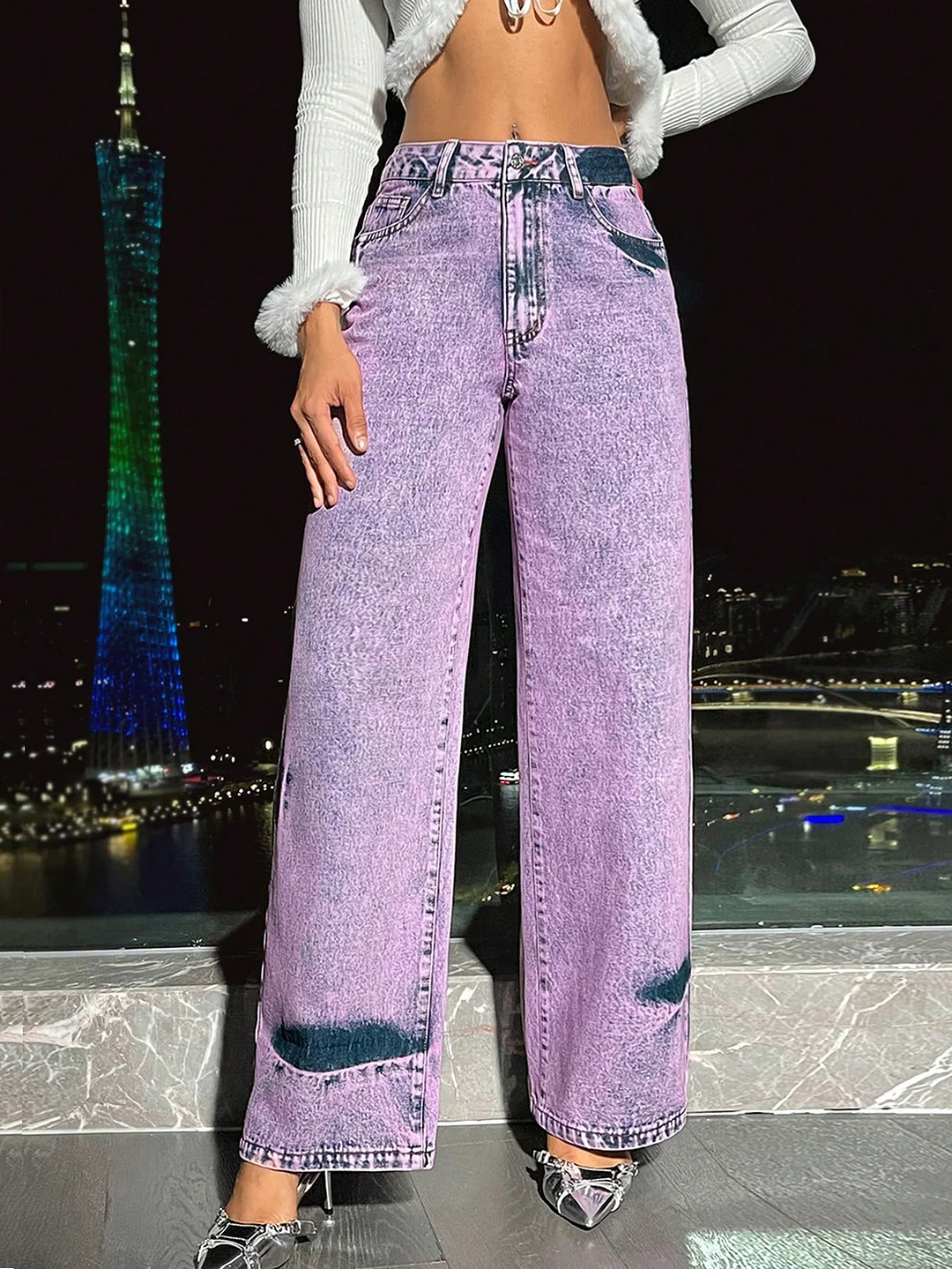 Women's INS Retro Casual High Waist Wide Leg Straight Denim Purple Denim Jeans