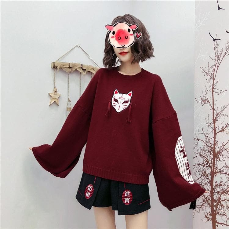 Wine Cute Lucky Cat Sweater SP14585