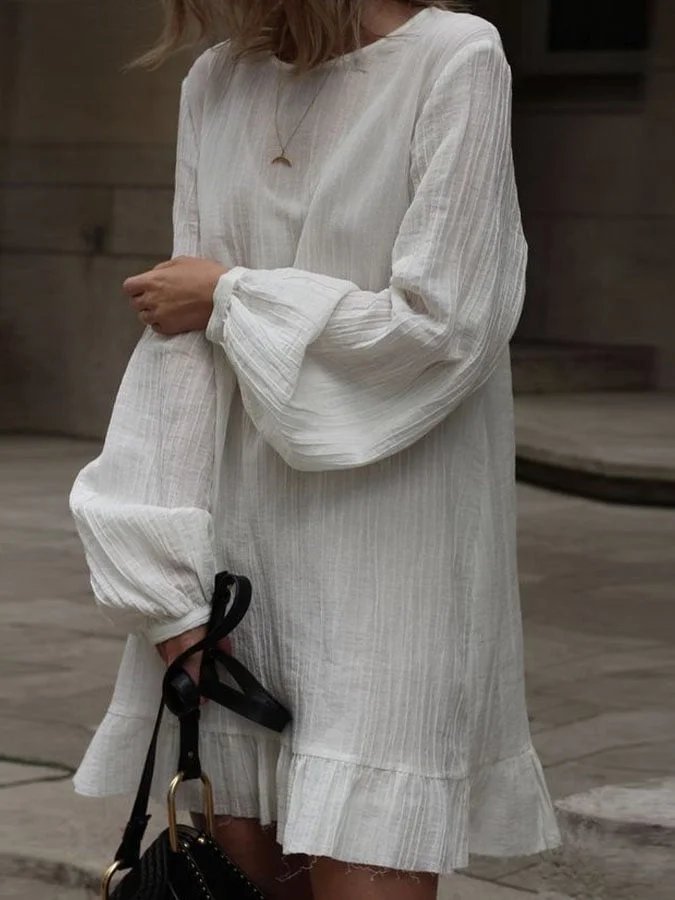Women's Casual Solid Color Round Neck Long Sleeve Ruffle Cotton and Linen Dress