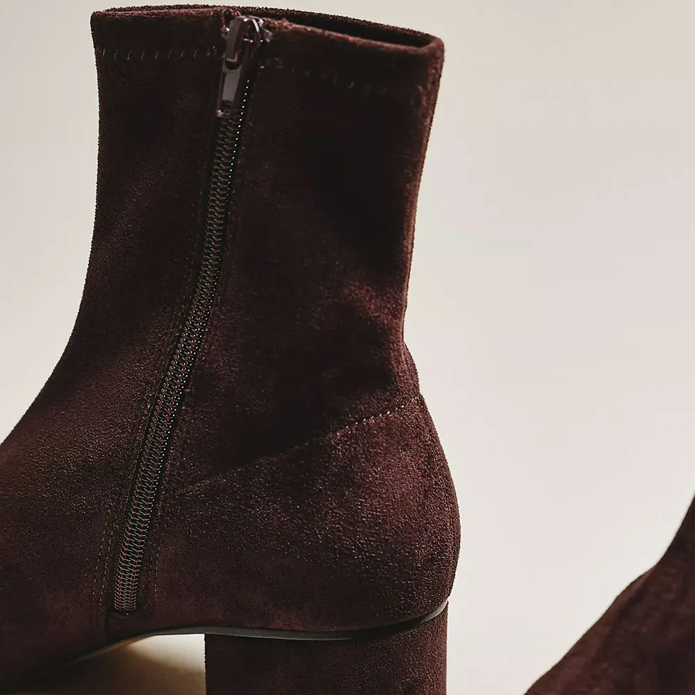 Women's Vegan Suede Brown Block Heel Pointed Toe Ankle Boots