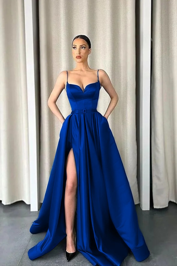 Daisda Dark Green Spaghetti-Straps A-Line V-Neck Long Prom Dress With Split
