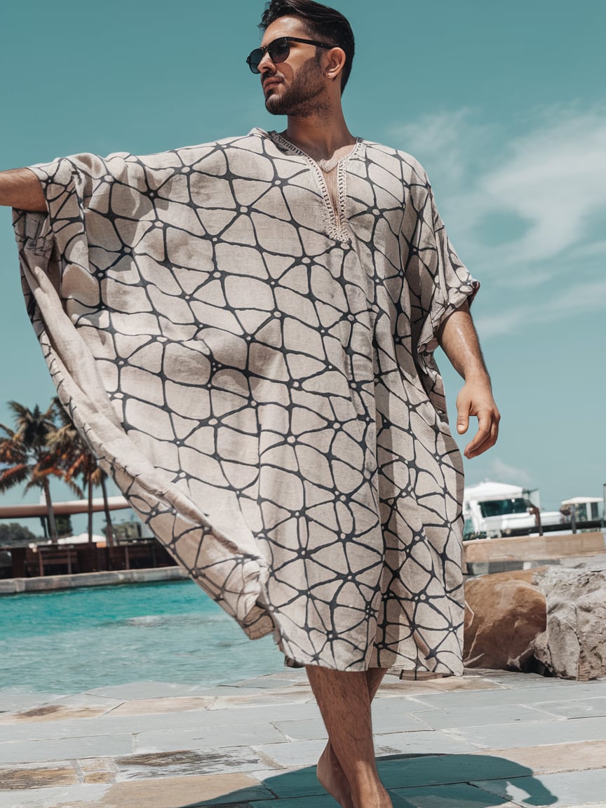 Men's Stripe Printed Linen Long Kaftan