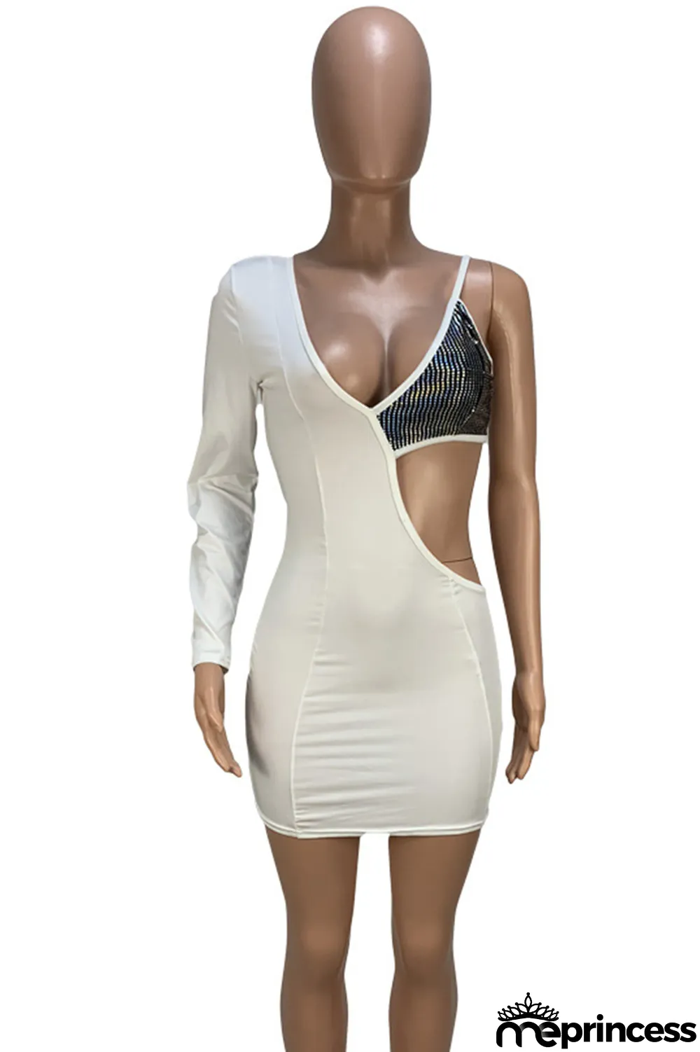 Black Sexy Patchwork Solid Sequins Asymmetrical V Neck Sheath Dresses