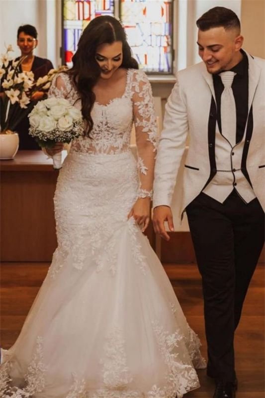 Luluslly Long Sleeves Sweetheart Lace Wedding Dress Mermaid Long