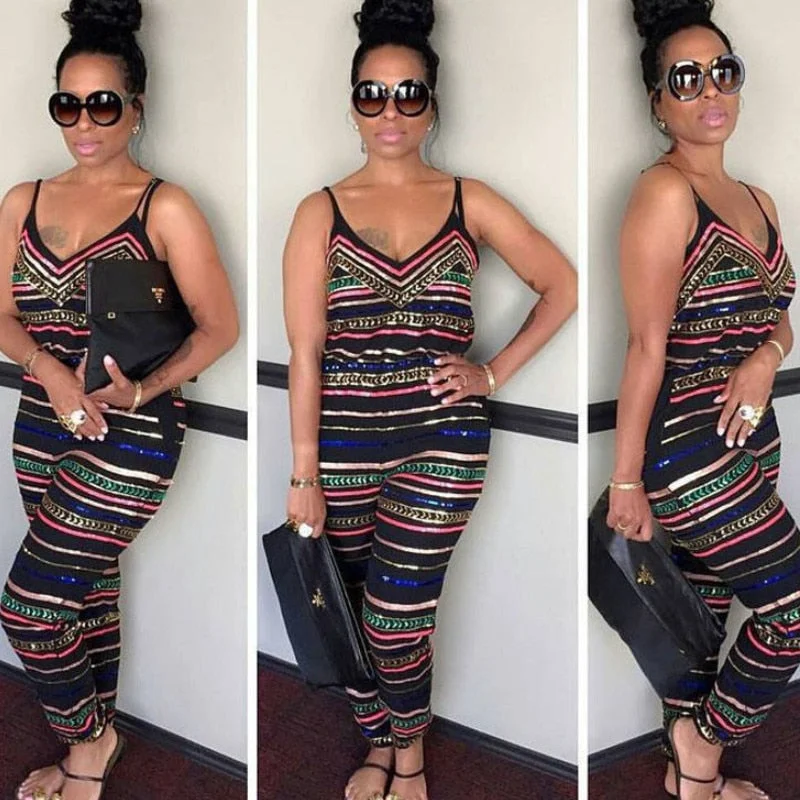 ABEBEY-Women Stripe Plus Size Bodycon Jumpsuit V-Neck Trousers Clubwear Party Sleeveless Off Shoulder Fashion Casual Jumpsuit Plus Size