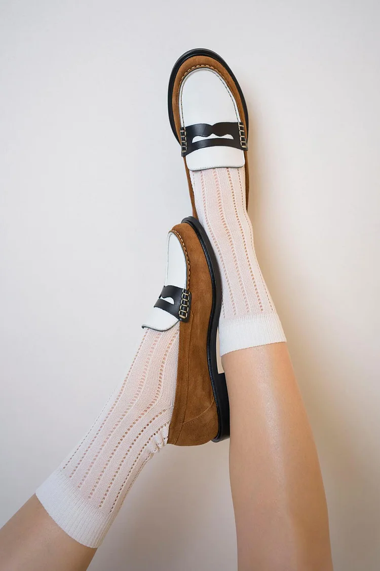Colorblock Stitch Detail Round Toe Brown Loafers [Pre Order]