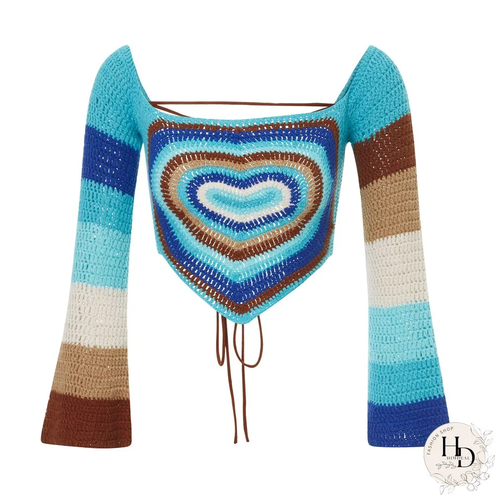 Aesthetic Grunge Sweater Vest Women Contrast Color Heart Print Flared Long Sleeve Knitwear Y2k Fairycore T Shirt