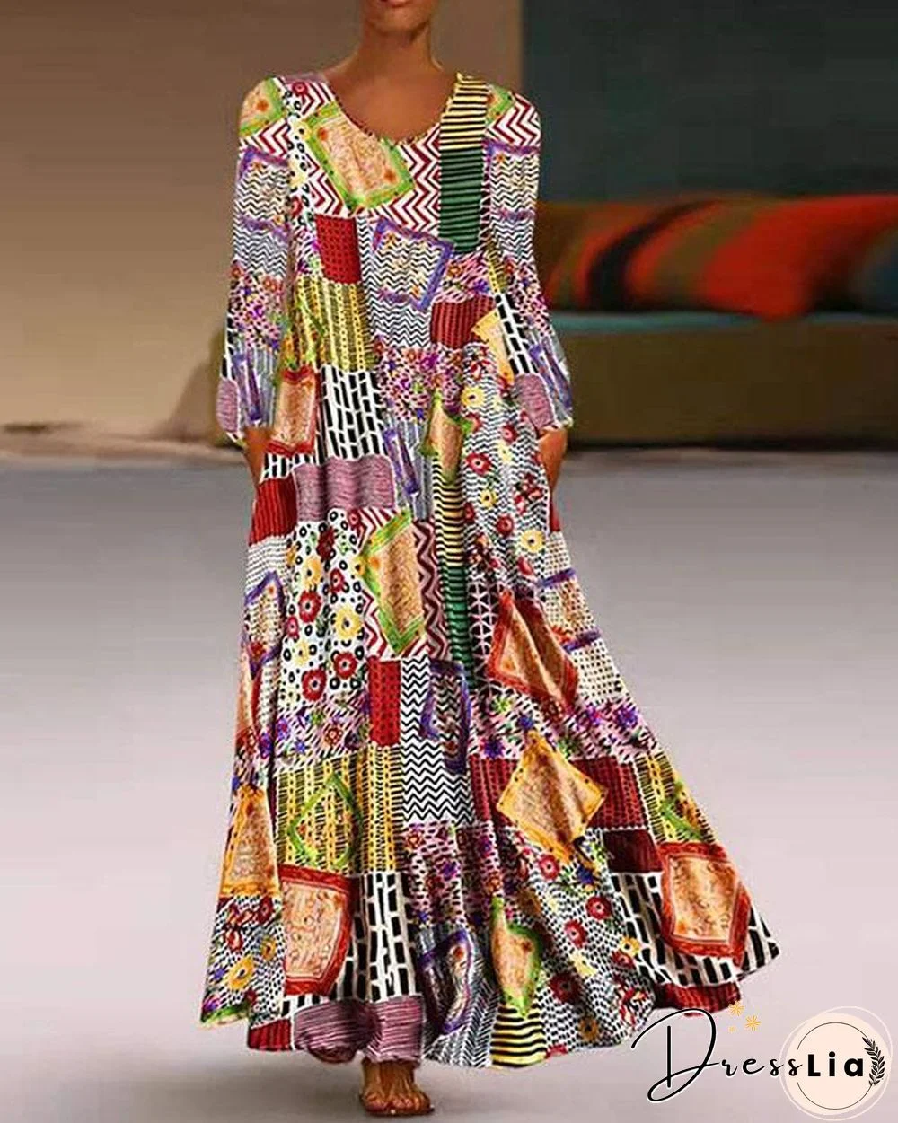 Plus Size Dress Boho Printed A-Line Maxi Dresses