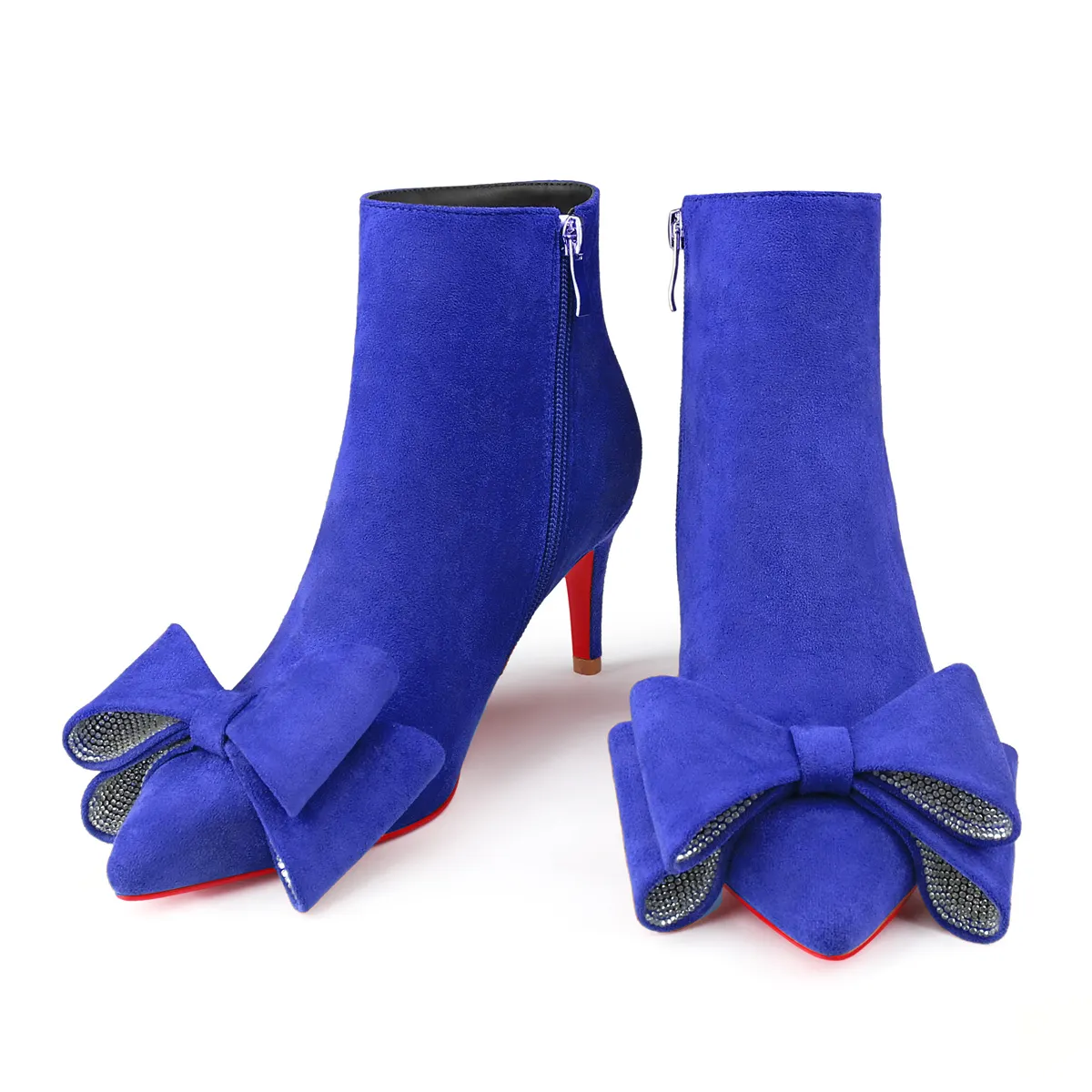 60mm Women's Pointed Toe Bow Rhinestone Ankle Boots Kitten Heel Single Strap Red Bottom Suede Booties-vocosishoes