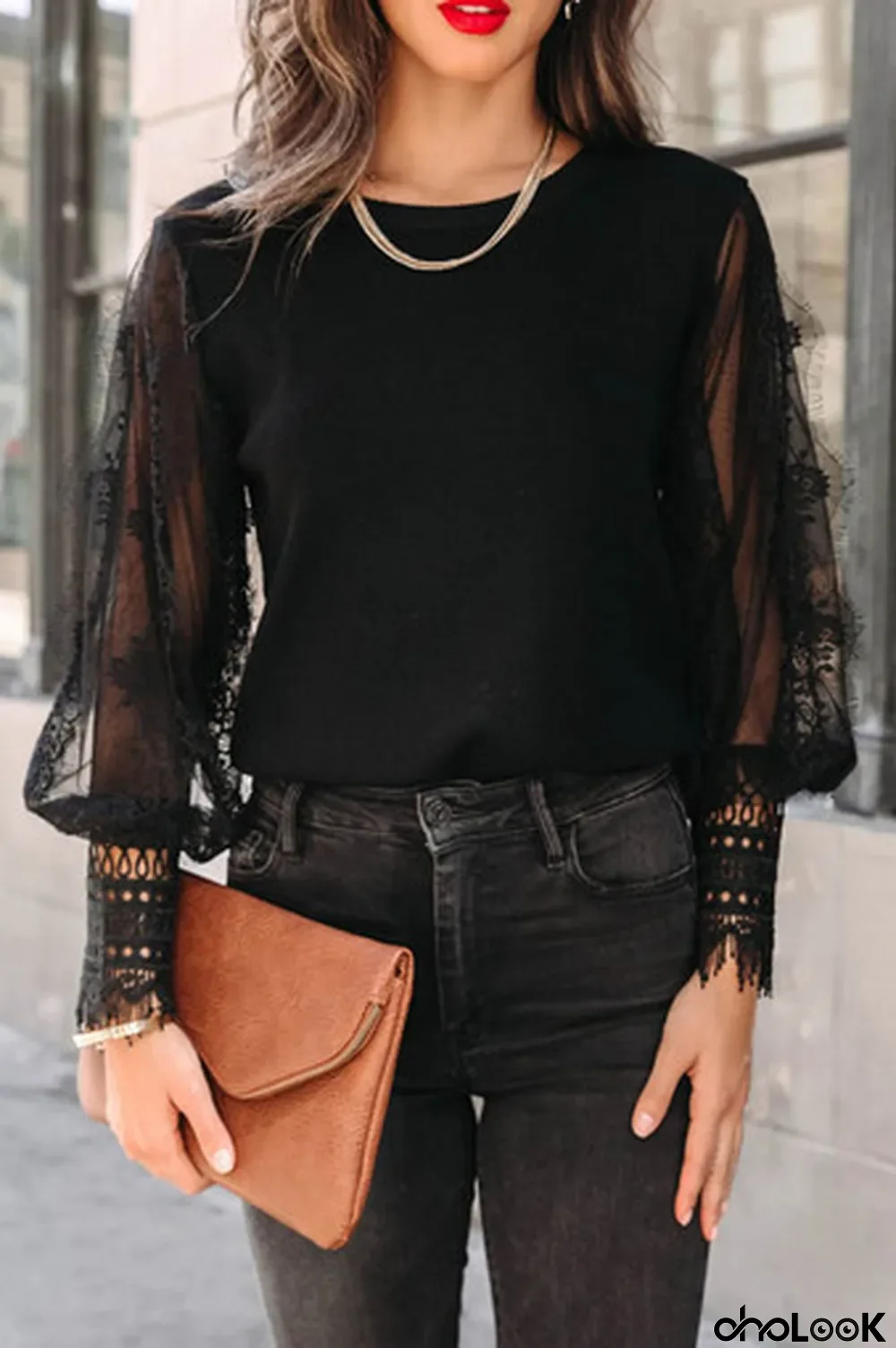 Black Sheer Lace Mesh Bishop Sleeve Top