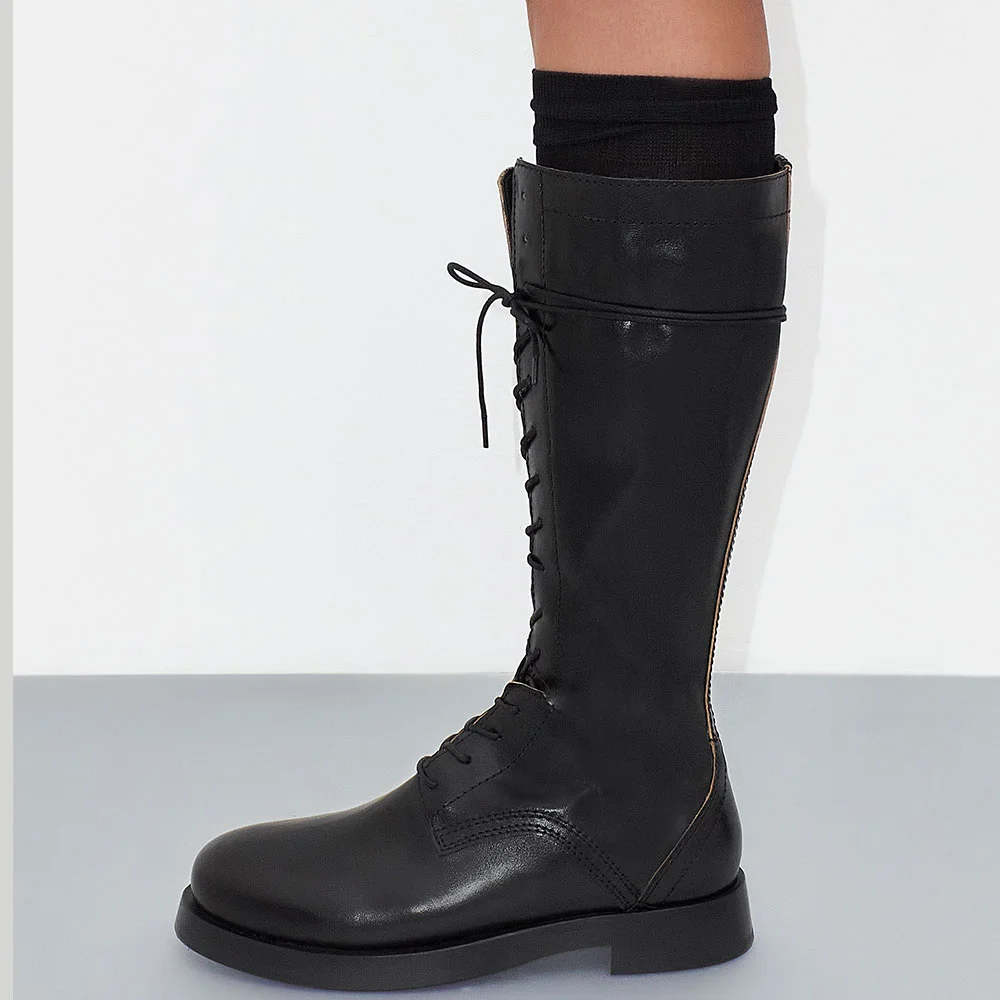 Women's Black Round Toe Block Low Heel Mid Calf Lace Up Boots with Zip