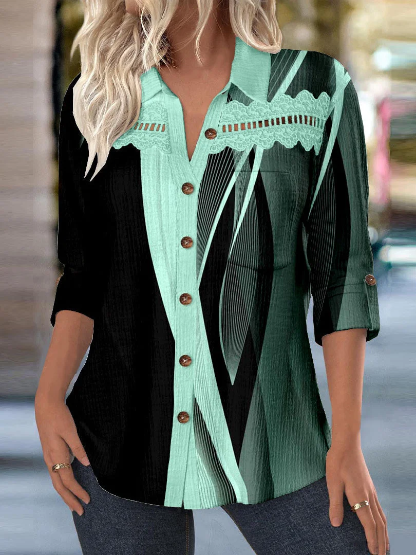 Women 3/4 Sleeve Shirt Collar Striped Printed Graphic Lace Button Pockets Tops