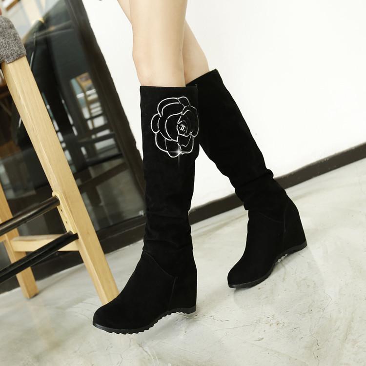 VCSHOES Flower Print Round Toe Inside Heels Knee-length Long Boots