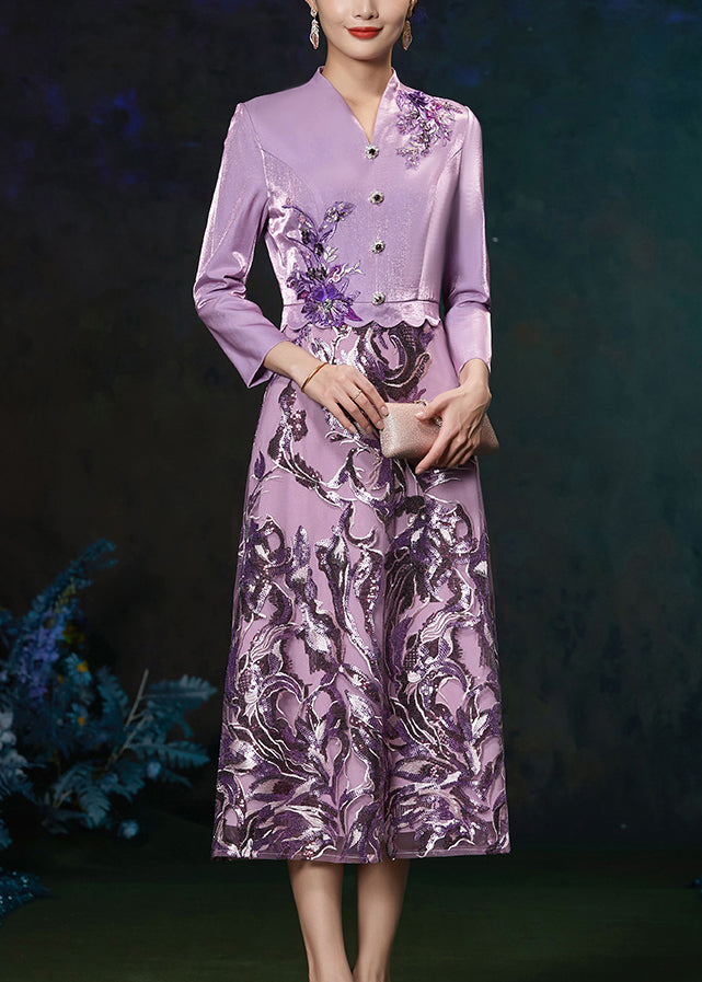 VCSHOES Purple V Neck Embroidered Patchwork Silk Long Dresses Fall