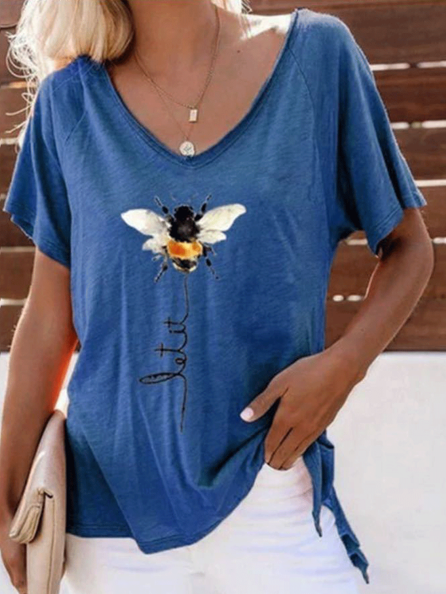 V-neck Short Sleeve Loose Bee Print T-shirt