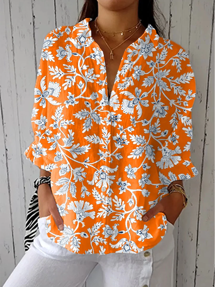 Women's  Vintage Floral Art Print Casual Linen V-neck Shirt