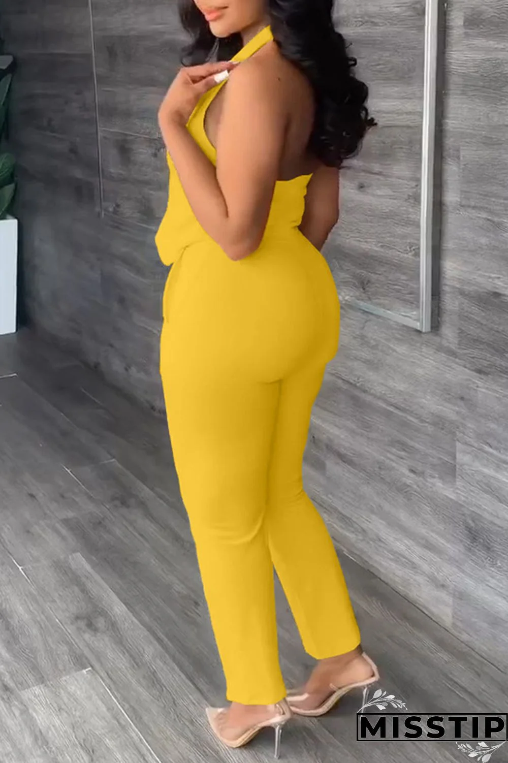 Black Casual Solid Backless Halter Sleeveless Two Pieces