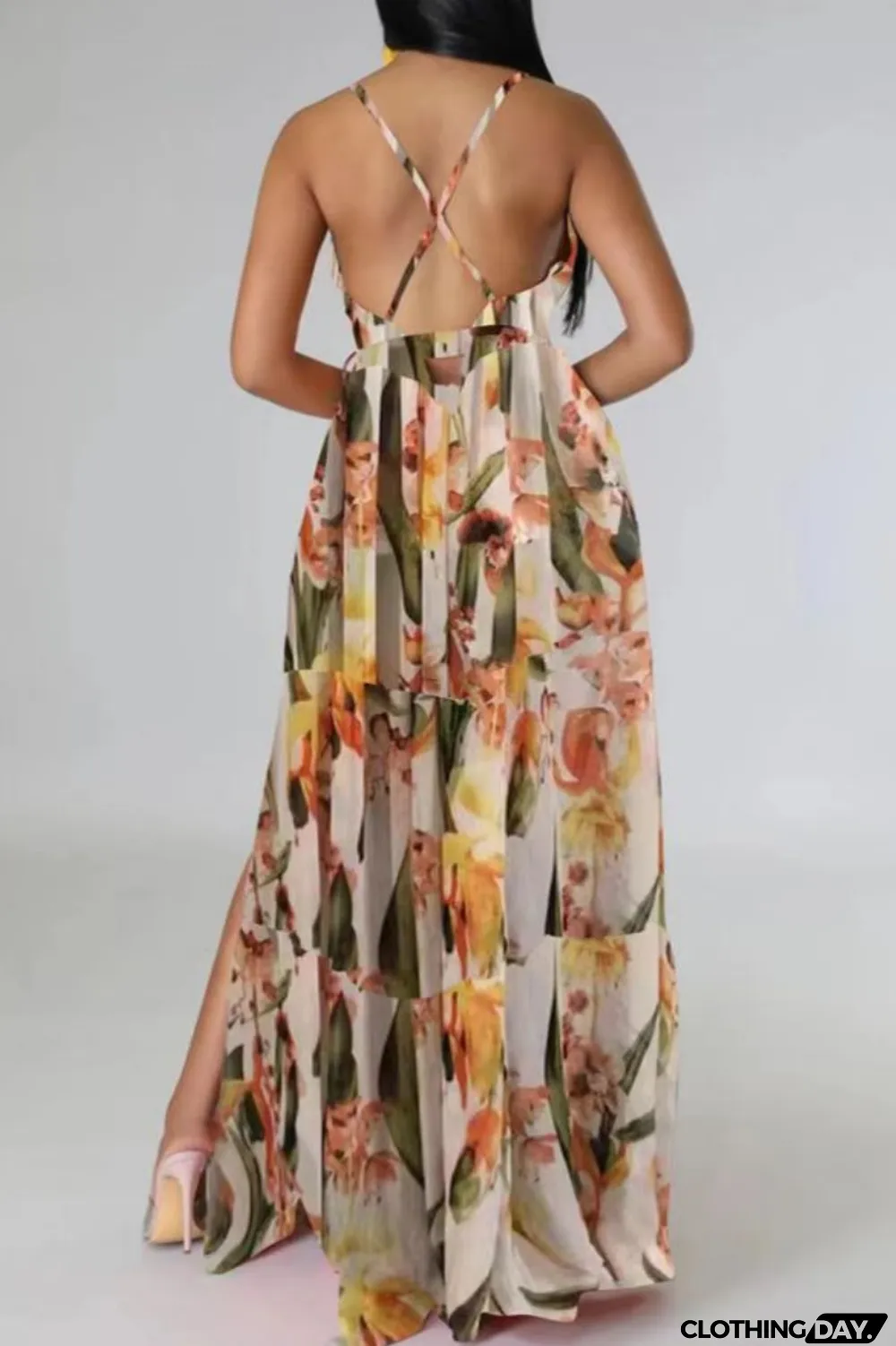 Multi-color Sexy Casual Print Backless Slit Spaghetti Strap Long Dress Dresses