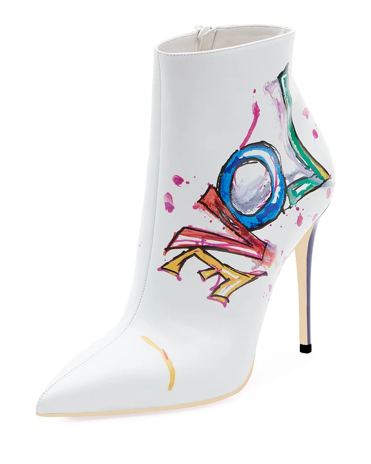 White Colorful Doodles Stiletto Heel Ankle Boots |FSJ Shoes