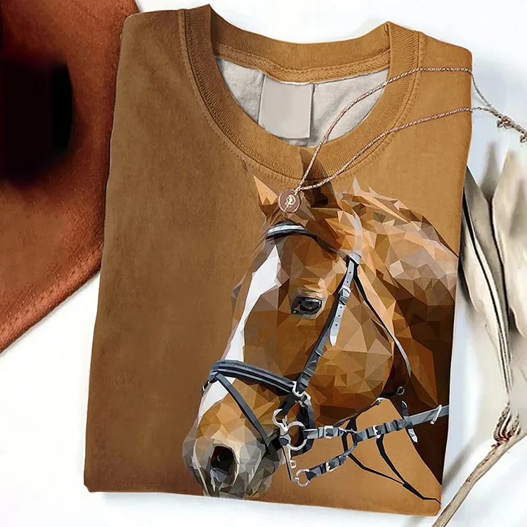 Wearshes Western Horse Print Long Sleeve Casual T-Shirt