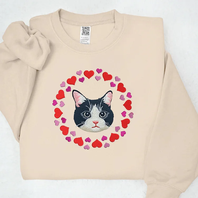 Custom Pet Portrait Embroidered With Pink Hearts Design Valentines Sweatshirt Hoodie T-shirt