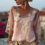 Classy Pink Roses Embroidered Lace Trim Flowy Linen Tunic - Image 2