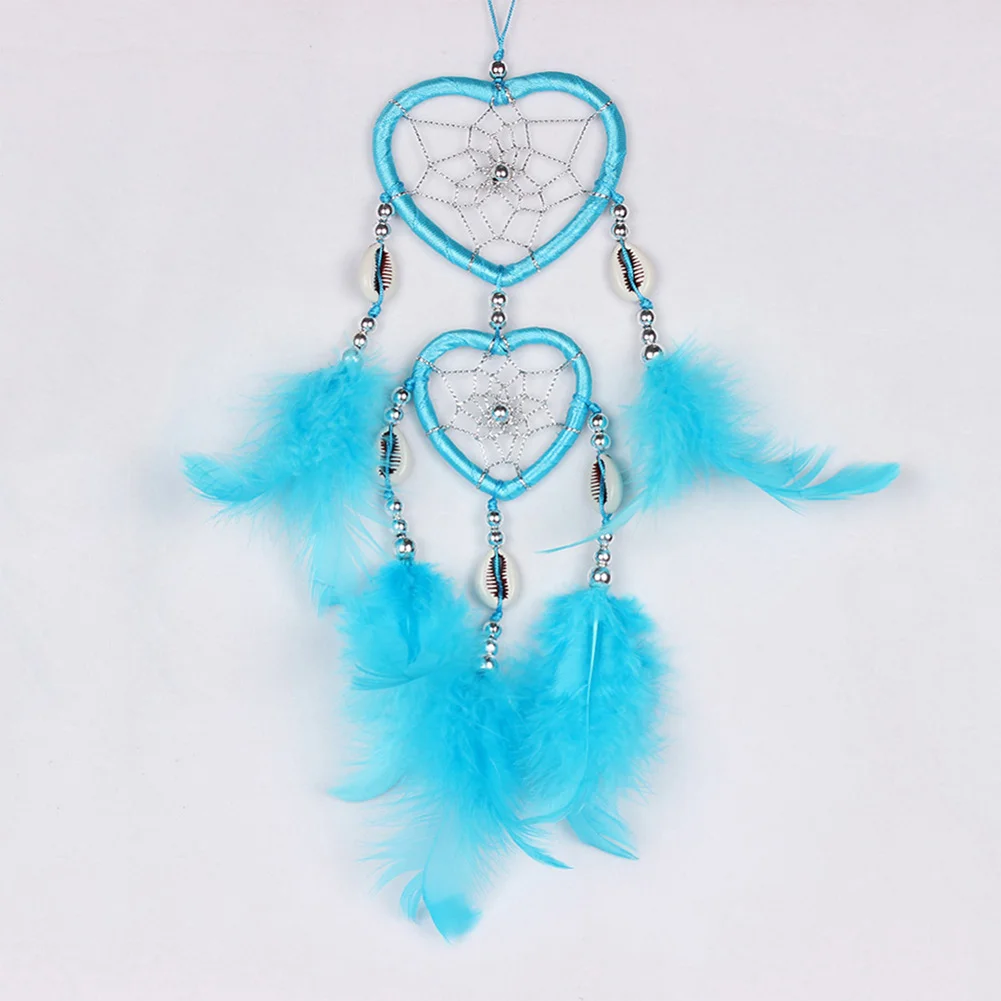 2 Circle Heart Shape Handmade Dream Catcher with Feathers Decor Craft Blue