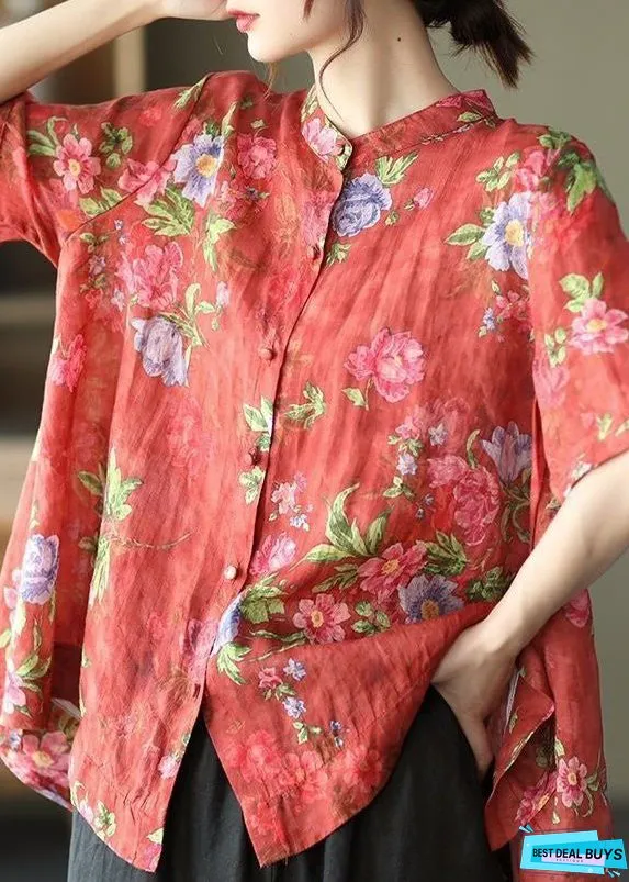 Vintage Red Stand Collar Print Cotton Shirt Tops Short Sleeve