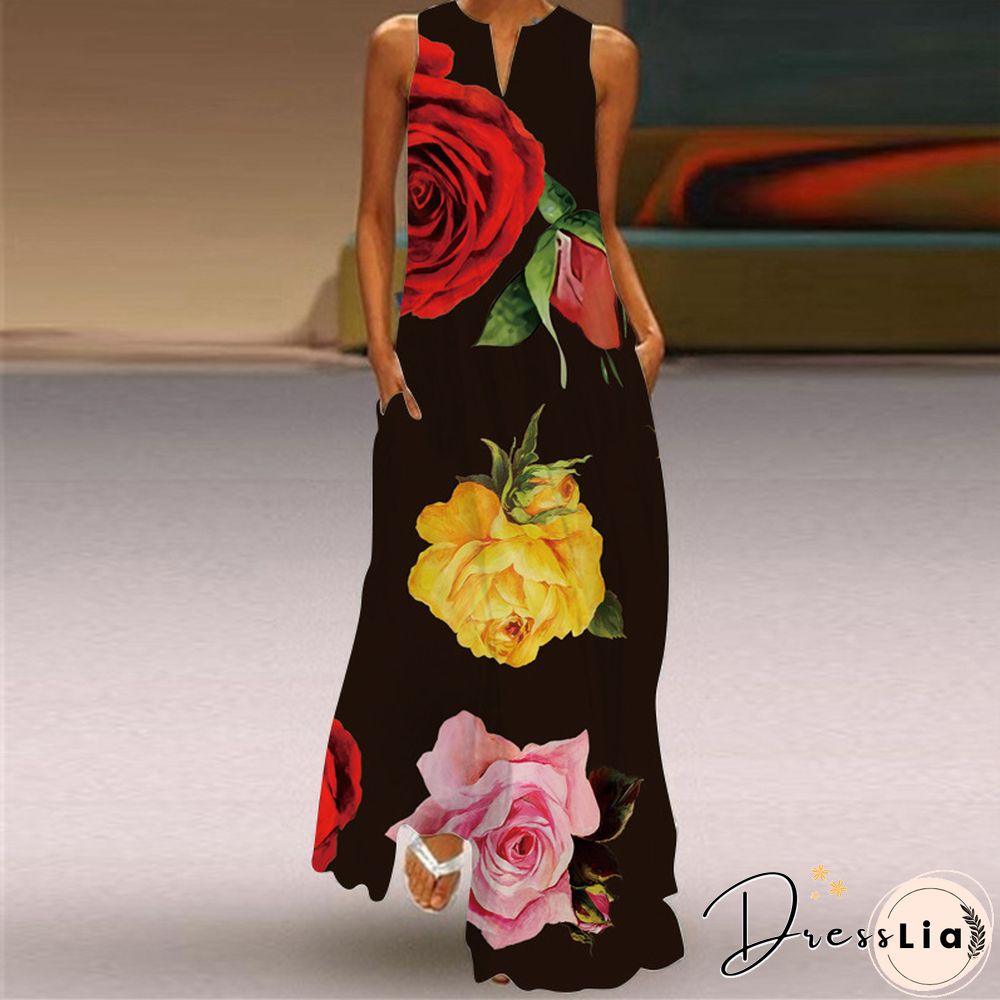 New Fashion Print Summer Dress Casual Sexy Boho Beach Women Party V-neck Sleeveless Pocket