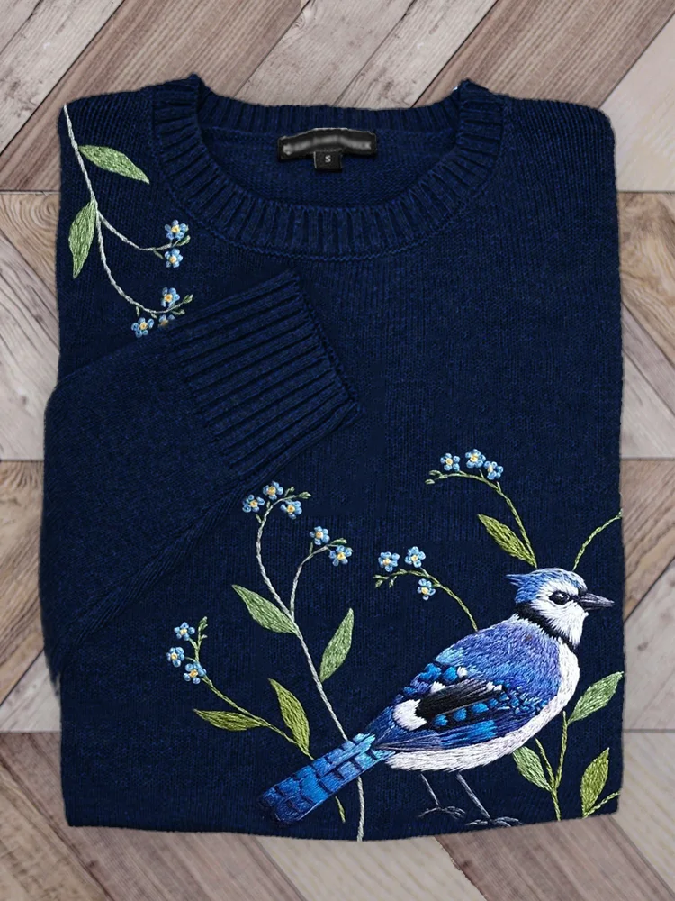 VChics Classy Blue Bird & Floral Embroidered Cozy Sweater