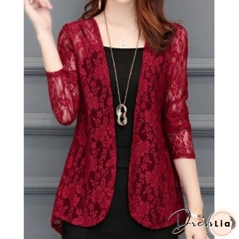 Womens Fashion Lace Cardigans Long Sleeves Solid Color Slim Fit Coat Casual Trench Outwear