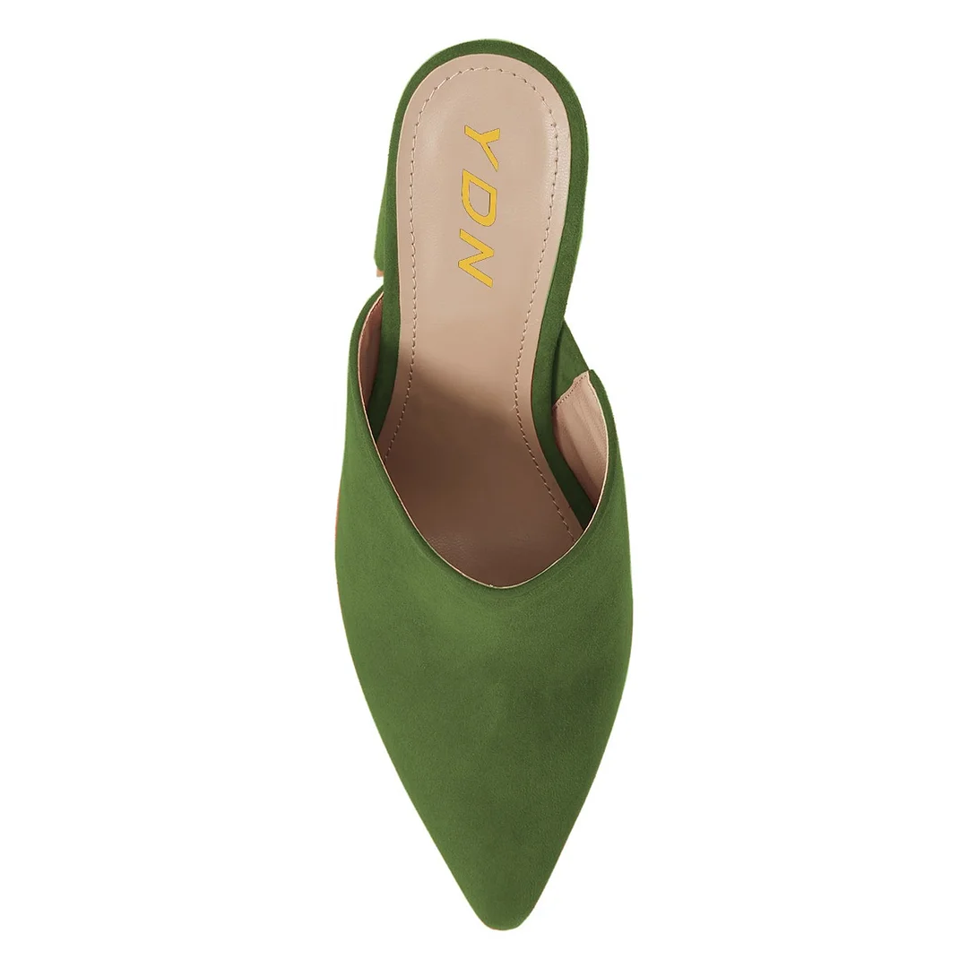 Green Vegan Suede Pointed Toe Heeled Slip On Women's Mules Shoes