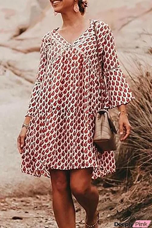 Print V Neck Loose Mini Dress