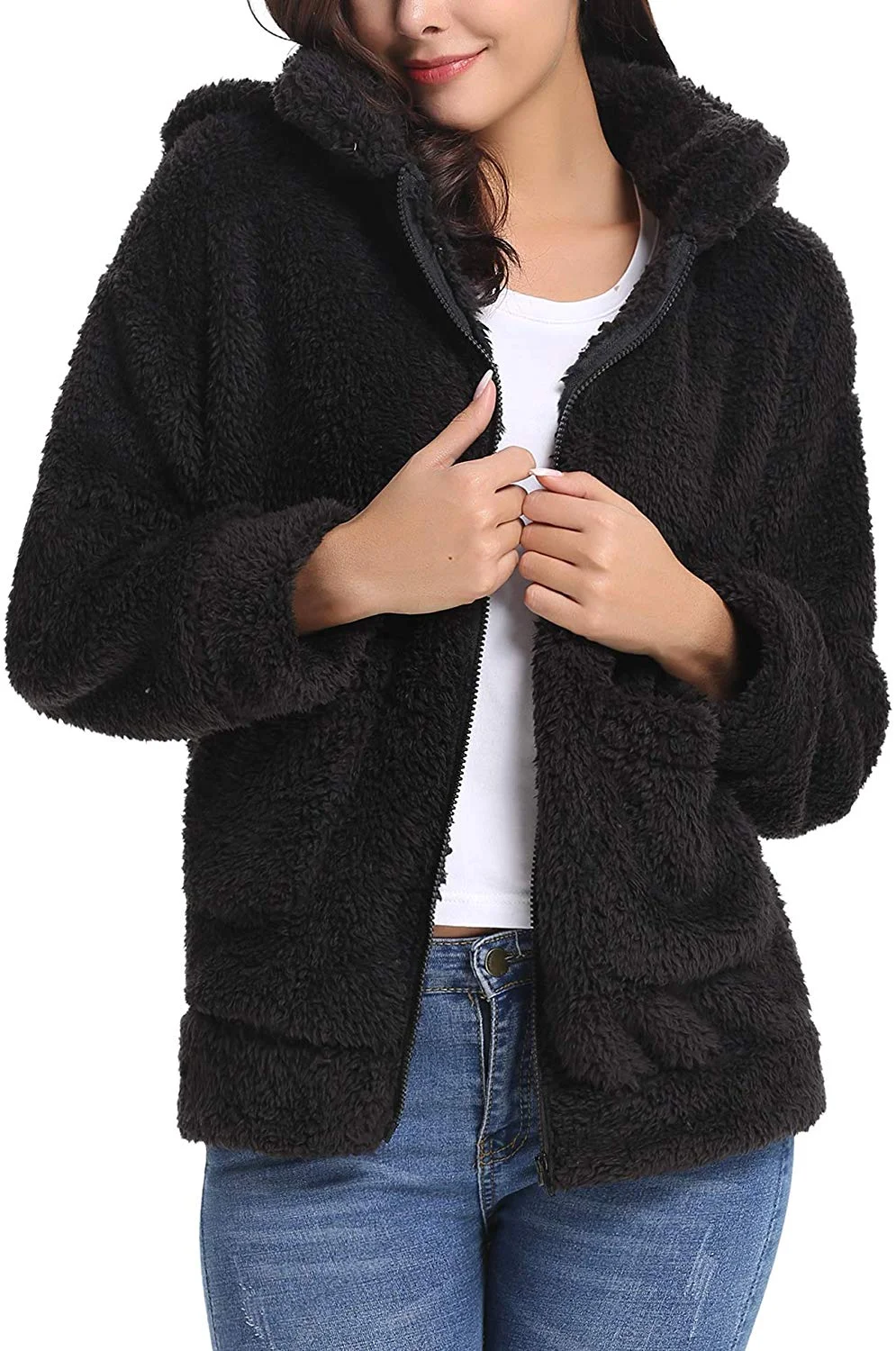 Women's Long Sleeve Coat Casual Lapel Fleece Fuzzy Faux Shearling Zipper Warm Winter Oversized Outwear Jackets
