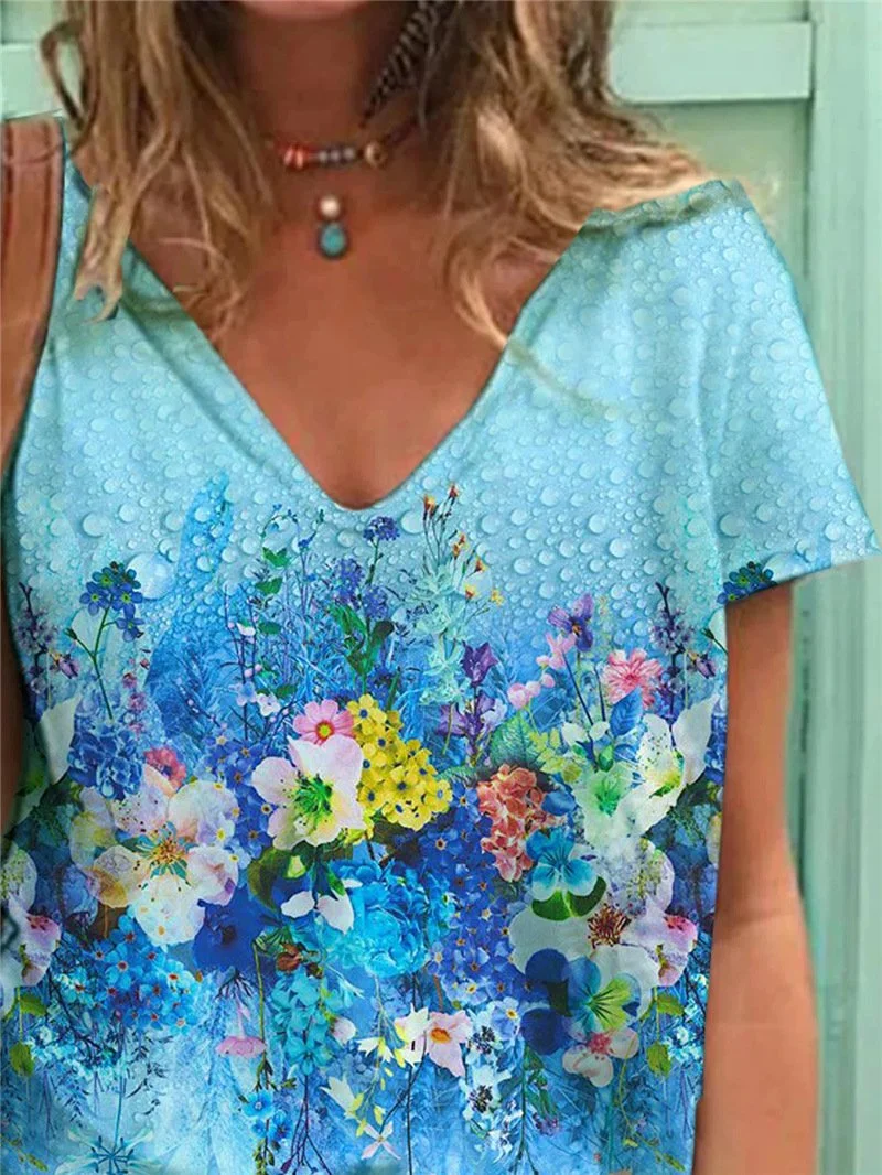 Women's V-neck Short Sleeve Printed Tops