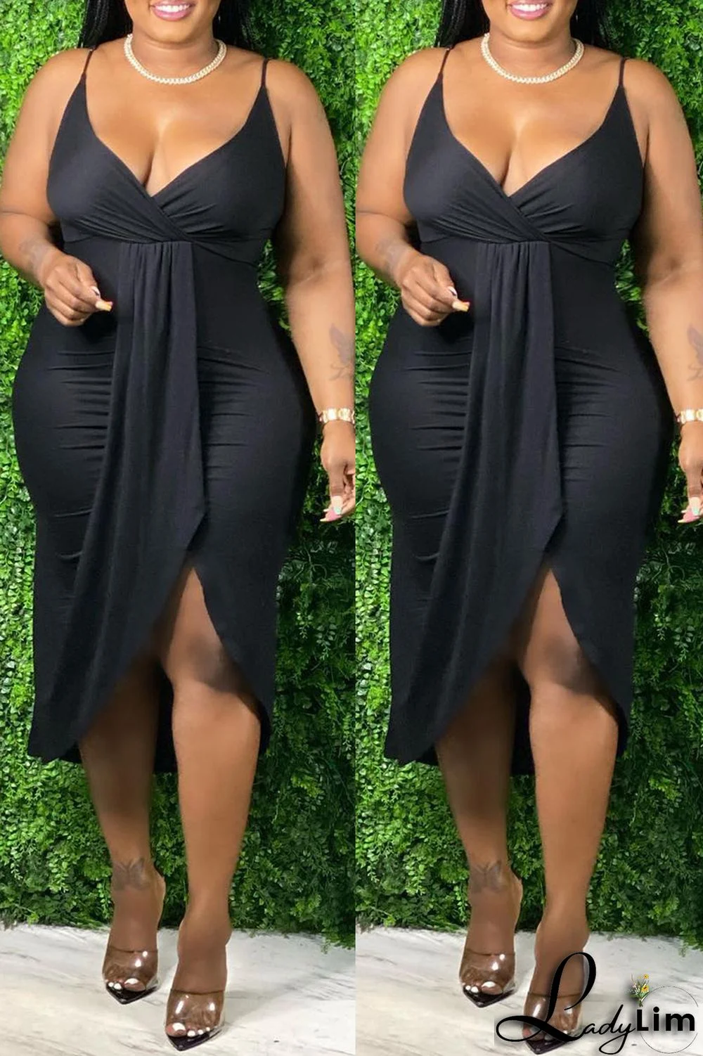 Black Fashion Sexy Plus Size Solid Patchwork V Neck Sling Dress