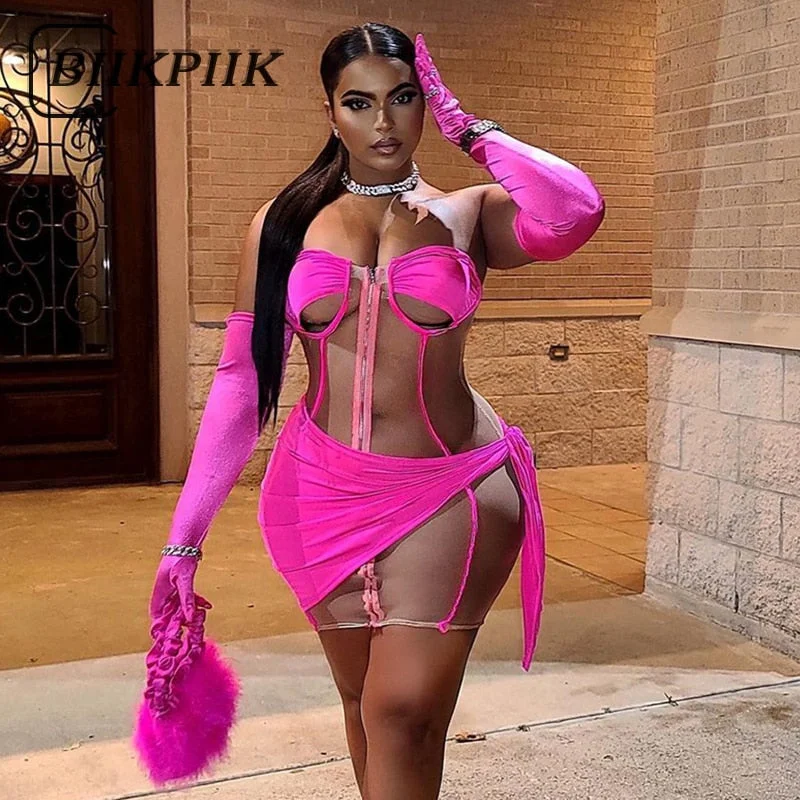 BIIKPIIK Female Clubwear Stitching Wrapped Chest Dress With Golves Sexy Fashion Sheath Mini Party Style Clothing Pink Dresses