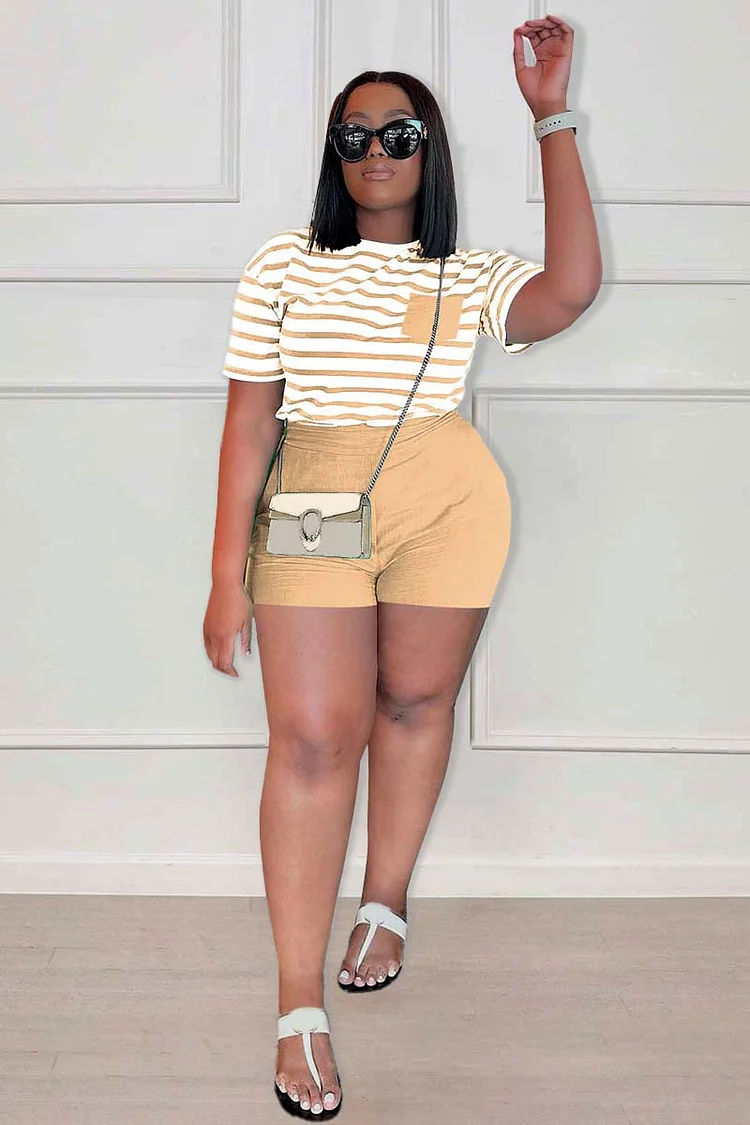 Striped Pocket Round Neck Short Sleeve Top Casual Shorts Two-Piece Set