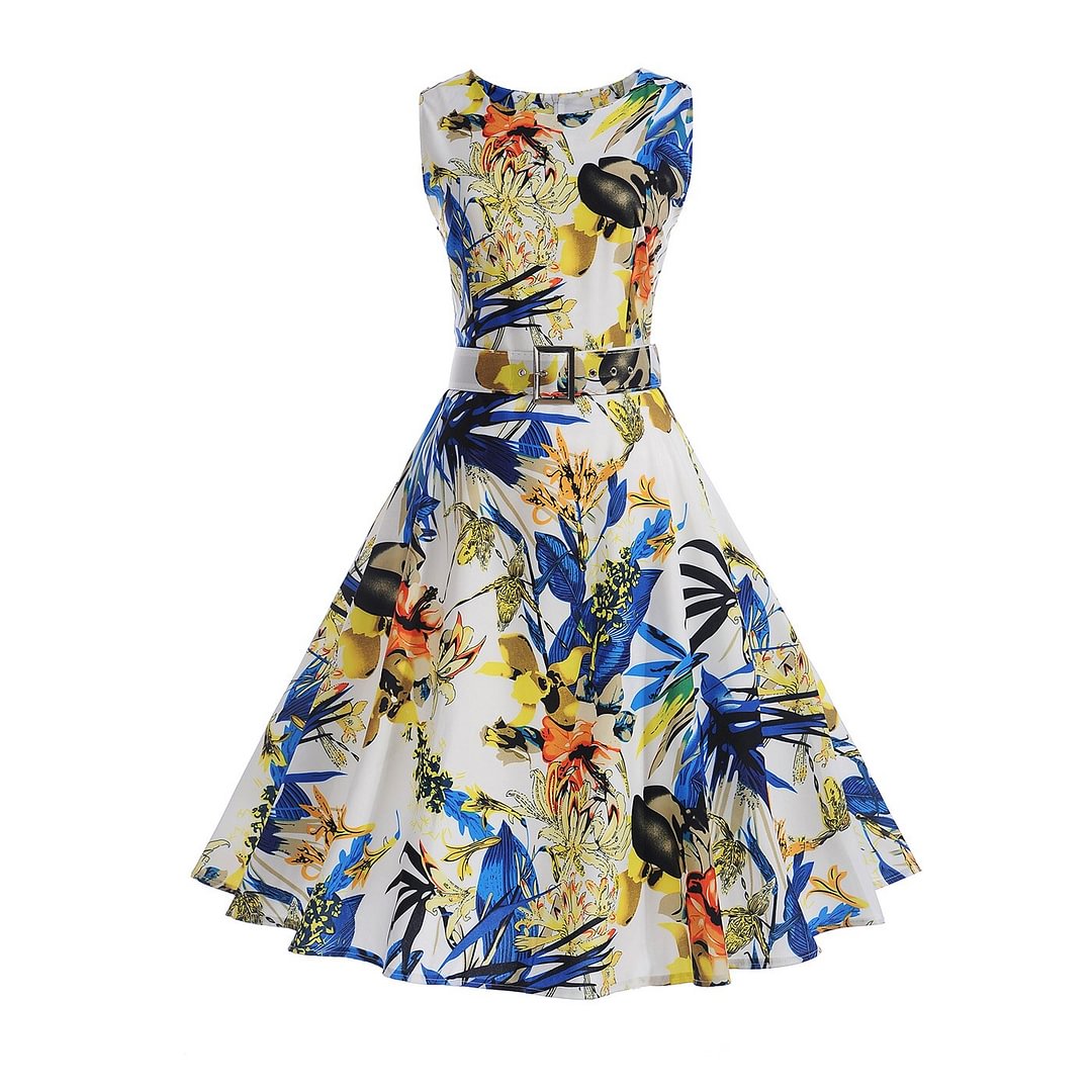 Women Summer Dress Print Floral Robe Retro Swing Casual Elegant Vintage 50s Rockabilly Dress Party Dresses with Belt Vestidos