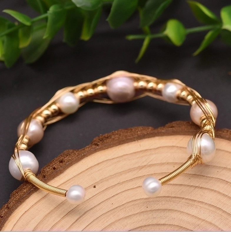 Retro Flower Copper Plating Inlay 18K Gold Plated Pearl Bangle