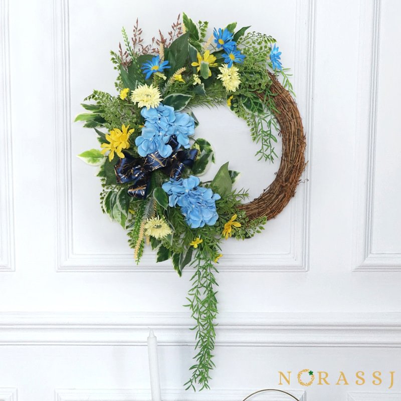 Green Hydrangea Daisy Bow Spring Grapevine Wreath For Front Door