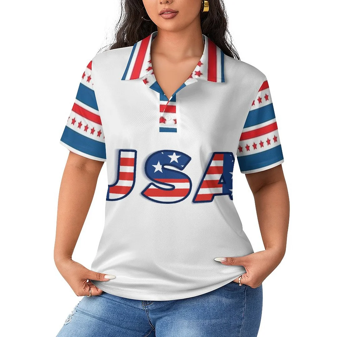 Casual Polo-Shirt Short Sleeve Tops  for Women Printed with Pattern USA, Independence Day, Star, Striped, Blue, Red