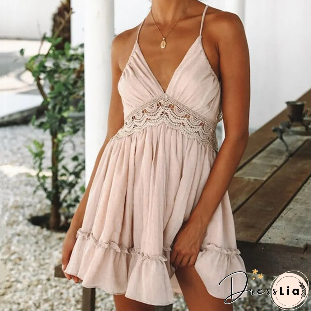 Brand New Women Party Lace Flower Backless Mini Dress Summer Sexy Sling SpaghettiStraps Deep V Neck Wedding Club Vestidos