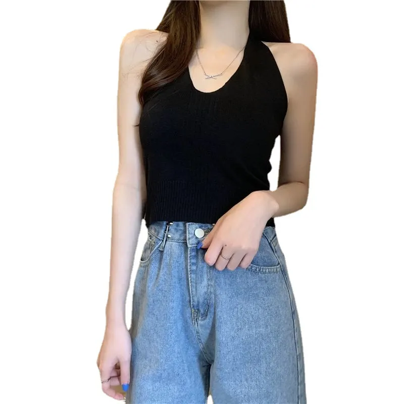 Uveng Uveng Club Bundy Sling Female Summer New Solid Color Hanging Neck Vest Hottie Style Sexy Short V Sleeveless Top