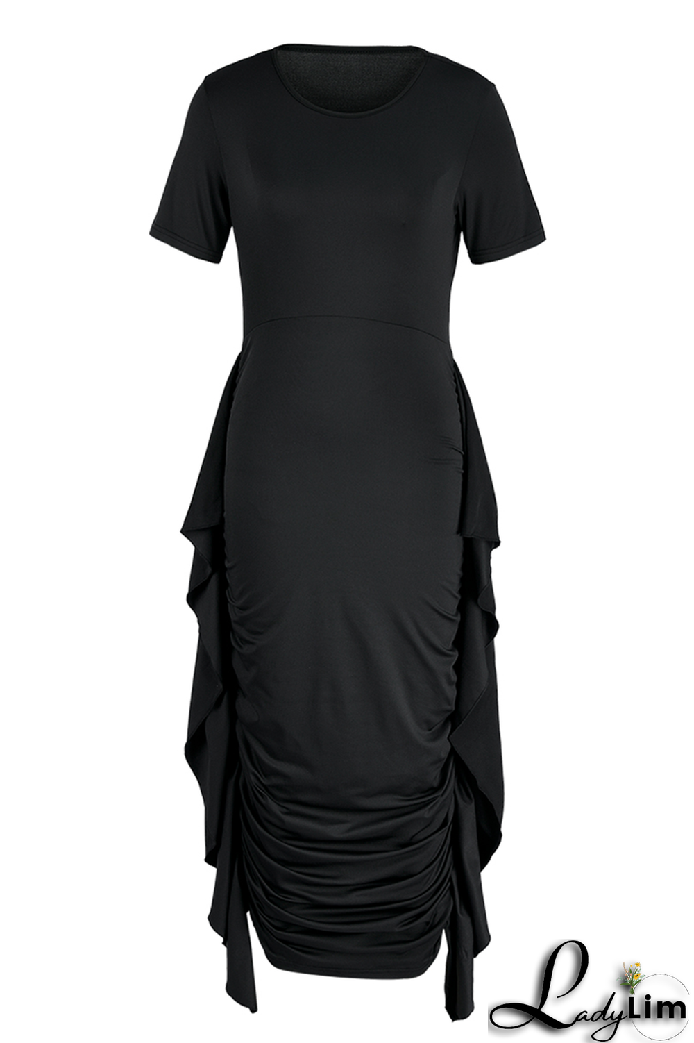 Yellow Fashion Solid Flounce Fold O Neck Pencil Skirt Dresses