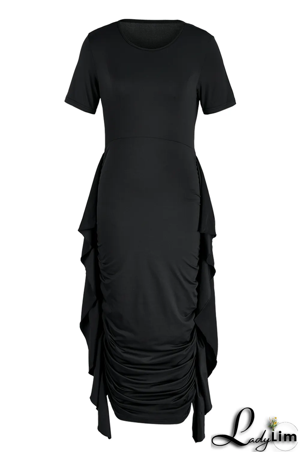 Yellow Fashion Solid Flounce Fold O Neck Pencil Skirt Dresses