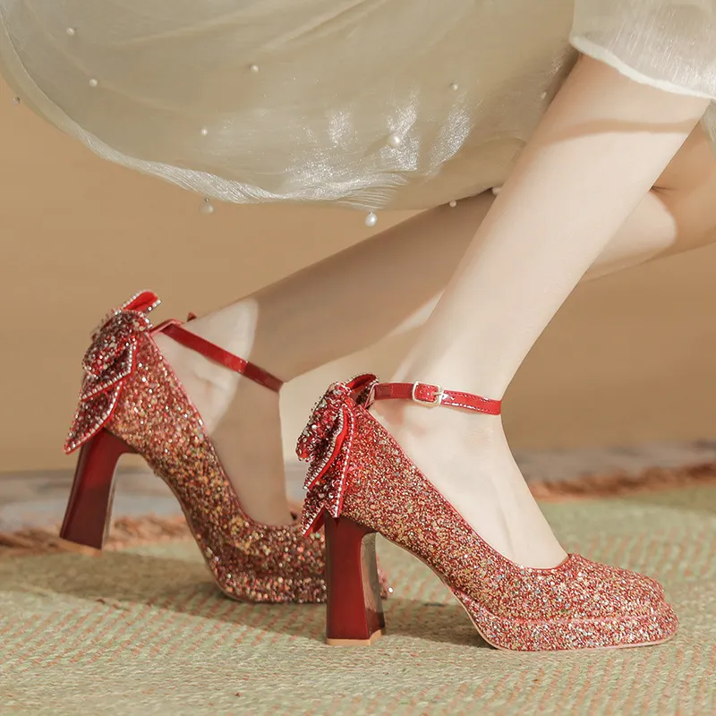 Churchf Churchf Thick Heel One-Word Buckle Waterproof Platform Mary Jane High-Heeled Shoes Wedding Shoes Bridesmaid Shoes Sequins Hollow Single Shoes Women